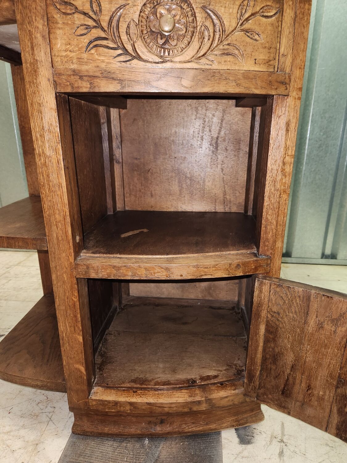 Old bedside table in wood and marble