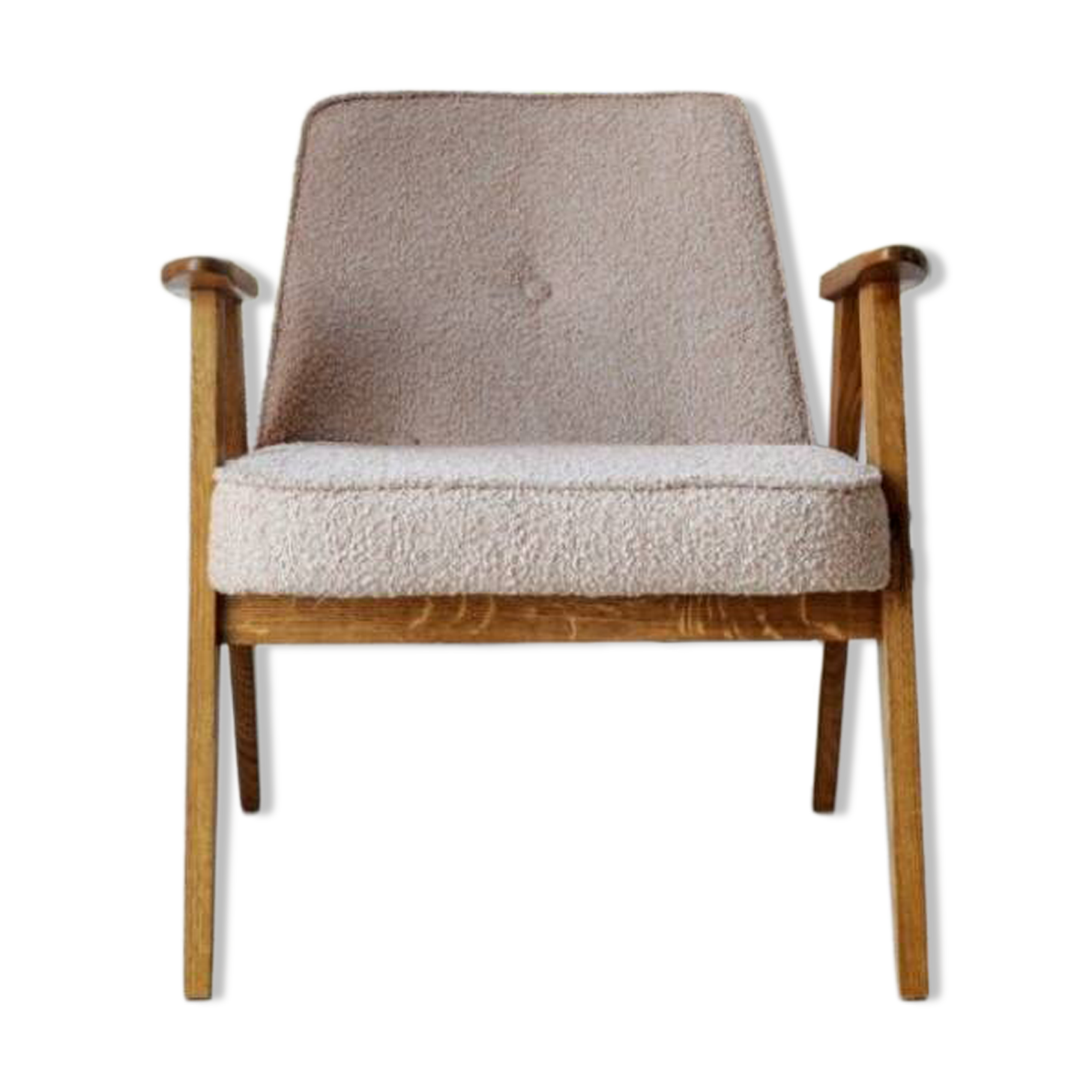 Vintage armchair in oak wood with powder pink boucle design by Chierowski.