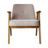 Vintage armchair in oak wood with powder pink boucle design by Chierowski.