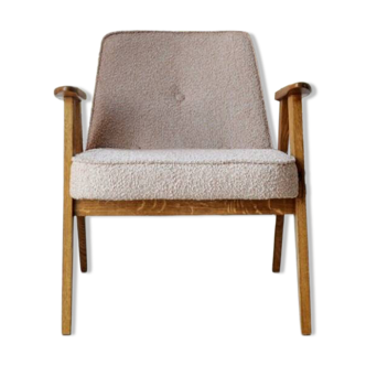 Vintage armchair in oak wood with powder pink boucle design by Chierowski.