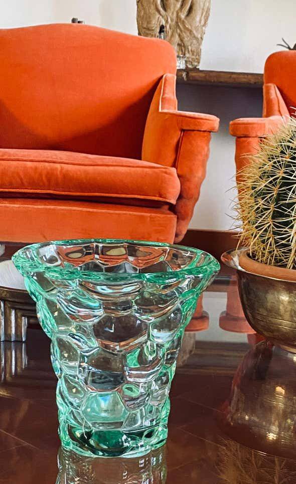 Art Deco vase, Pierre d'Avesn, green honeycomb pattern