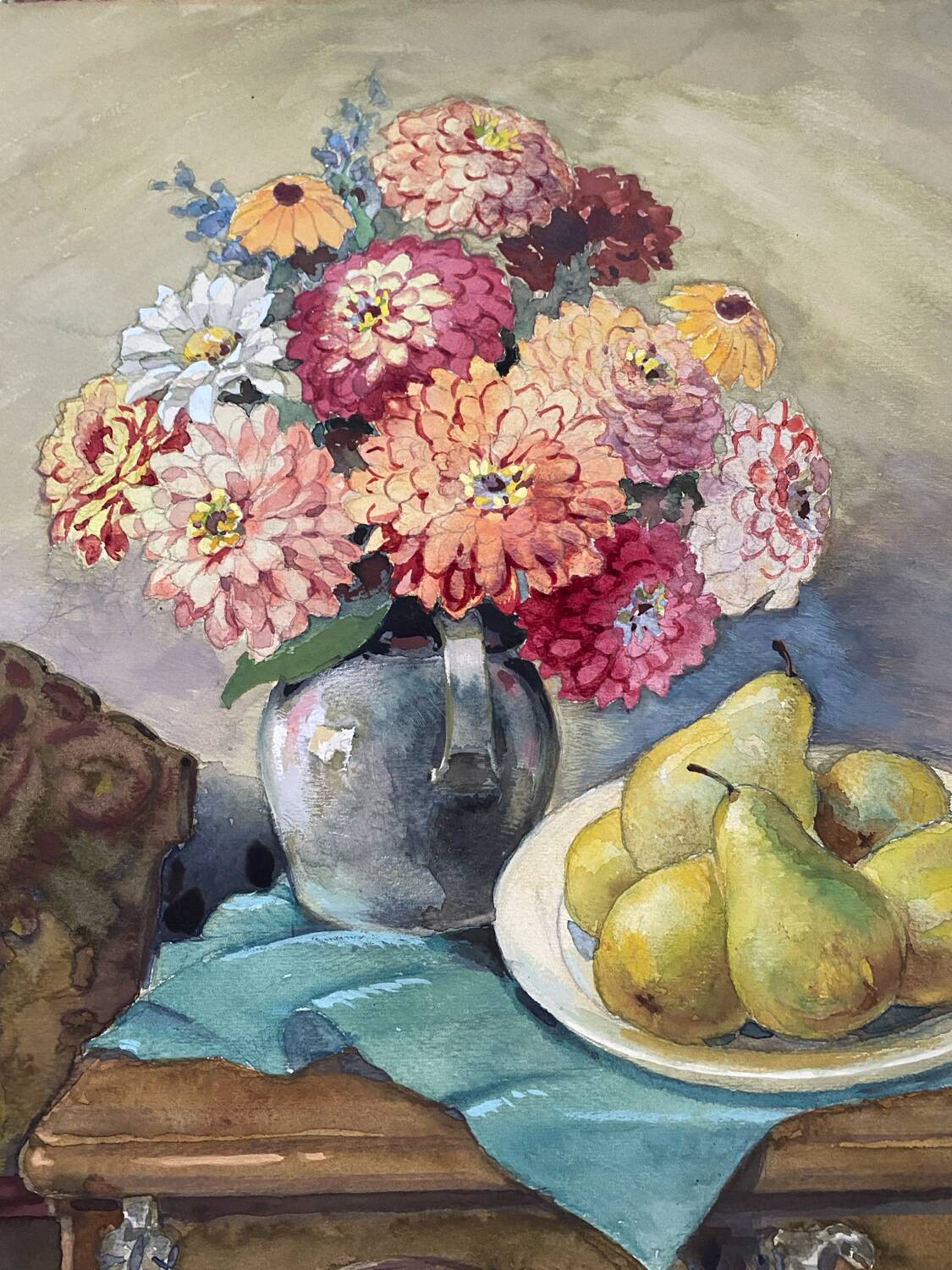 Antique watercolor still life on panel