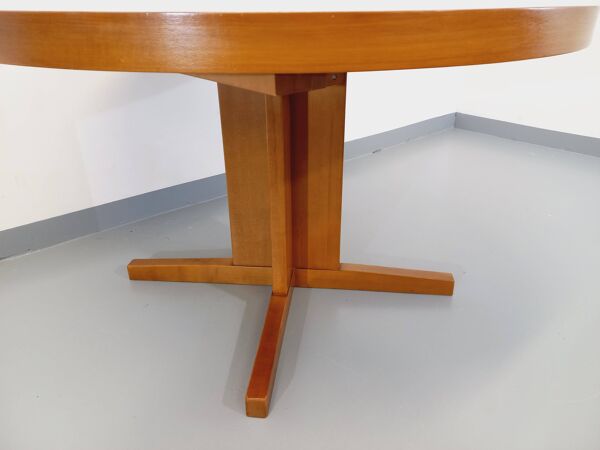 Table à manger ronde vintage des années 60 70 en mosaïque de bois massif teck et noyer avec rallonge
