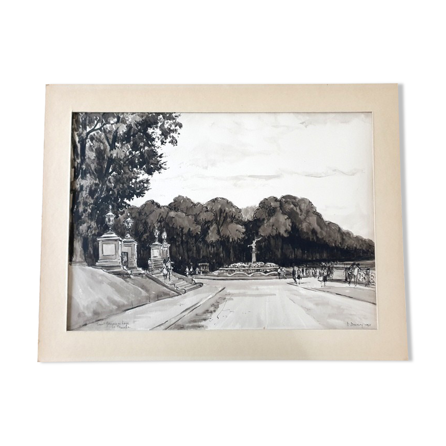 André Duculty (1912-1990) Ink wash on paper "Saint Germain en Laye, la terrasse" Signed