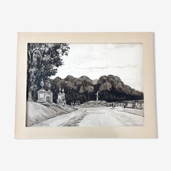 Lavis d'encre sur papier "Saint Germain en Laye, la terrasse" Signée, André Duculty (1912-1990)