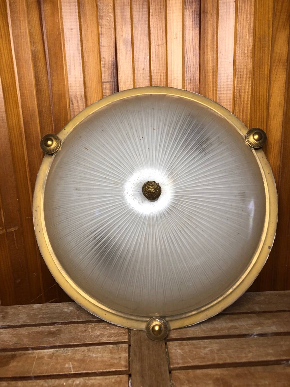 Old molded glass ceiling light + gold metal contour + vintage brass #a491