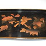Set of two brown and black Chinese lacquer trays with bird decor