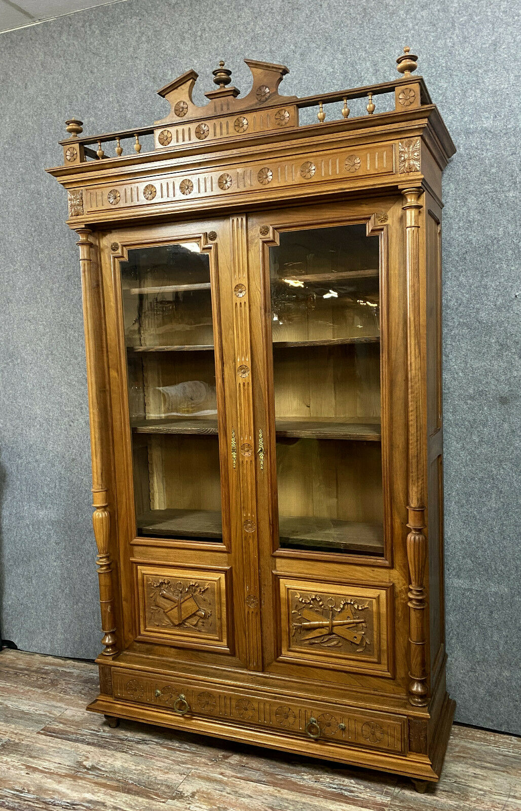Renaissance library in solid walnut around 1850