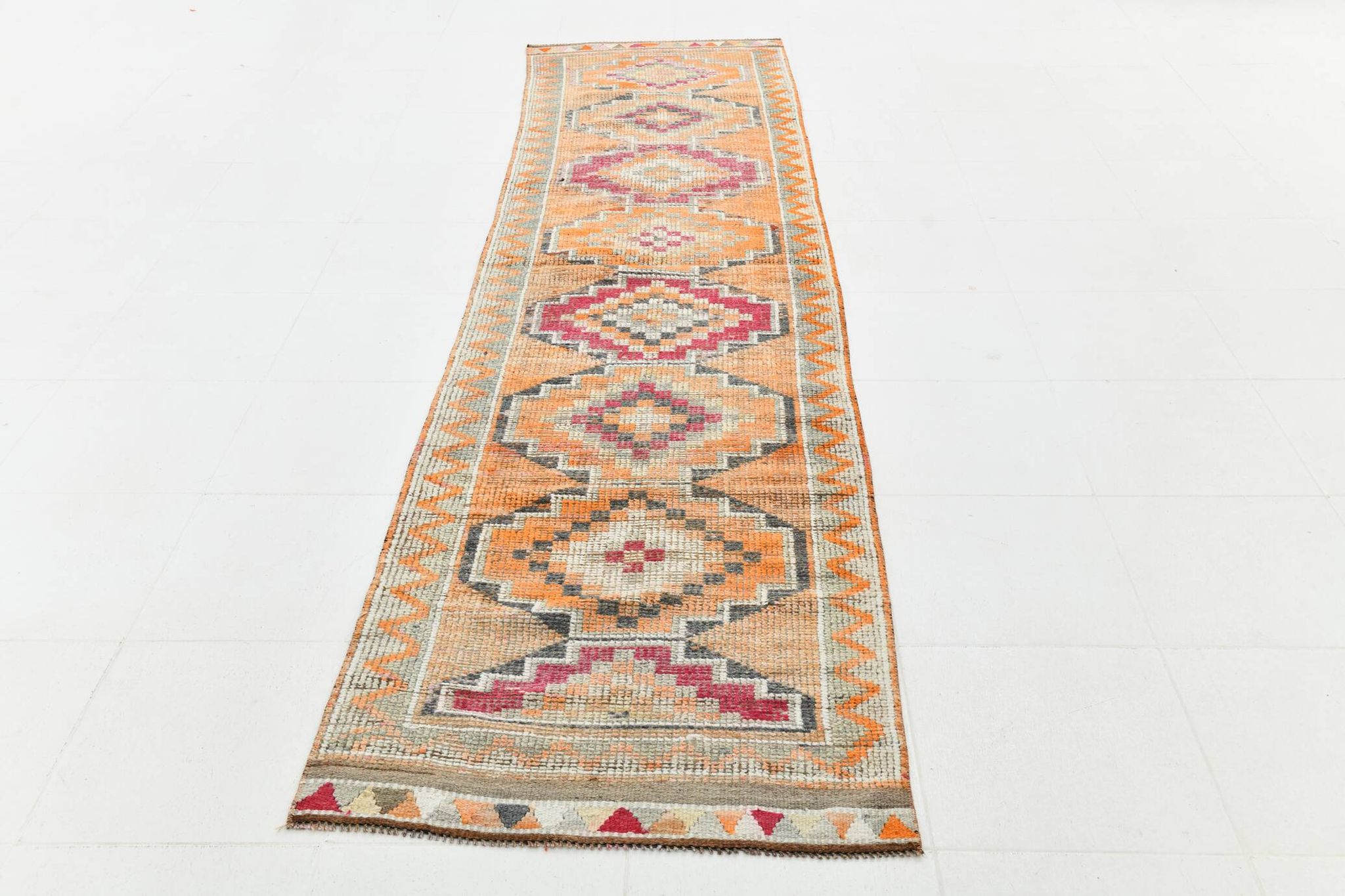3x12 Vintage Red Orange Turkish Runner Rug, Handmade Wool Carpet, 86x352Cm