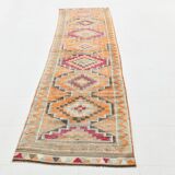 3x12 Vintage Red Orange Turkish Runner Rug, Handmade Wool Carpet, 86x352Cm