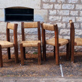 Brutalist chairs in pine and straw, France, 1950s, set of 4