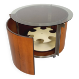 Round Italian teak coffee table swivel bar by Eugenio Gerli for Tecno