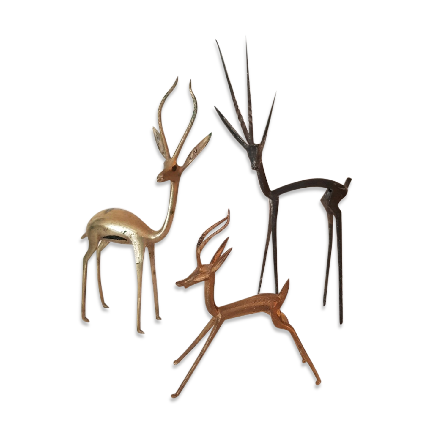 Trio gazelles and antelopes in brass and bronze