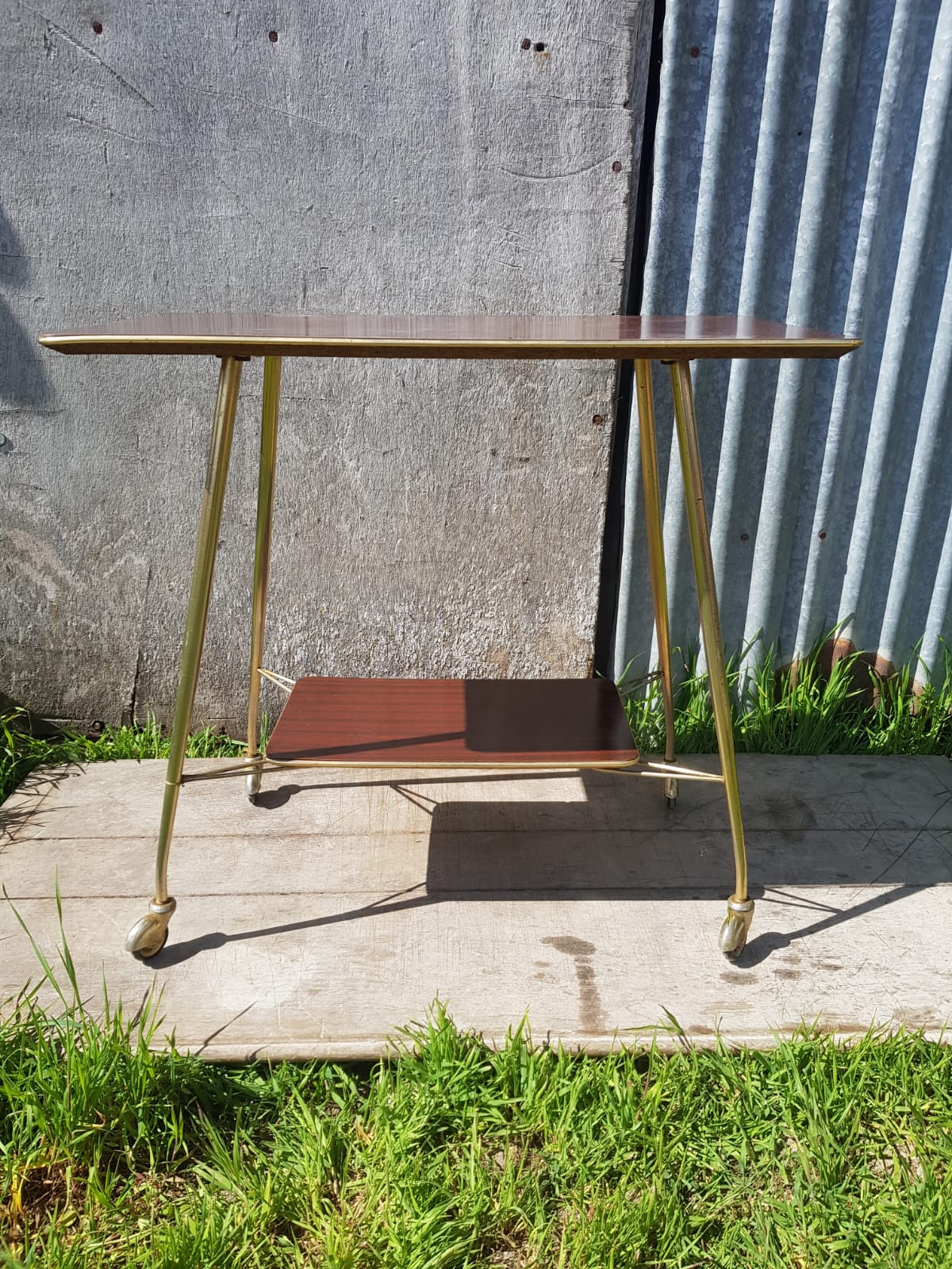 Ancient Dessert Table On Roulettes Golden Metal - Formica 70s Vintage