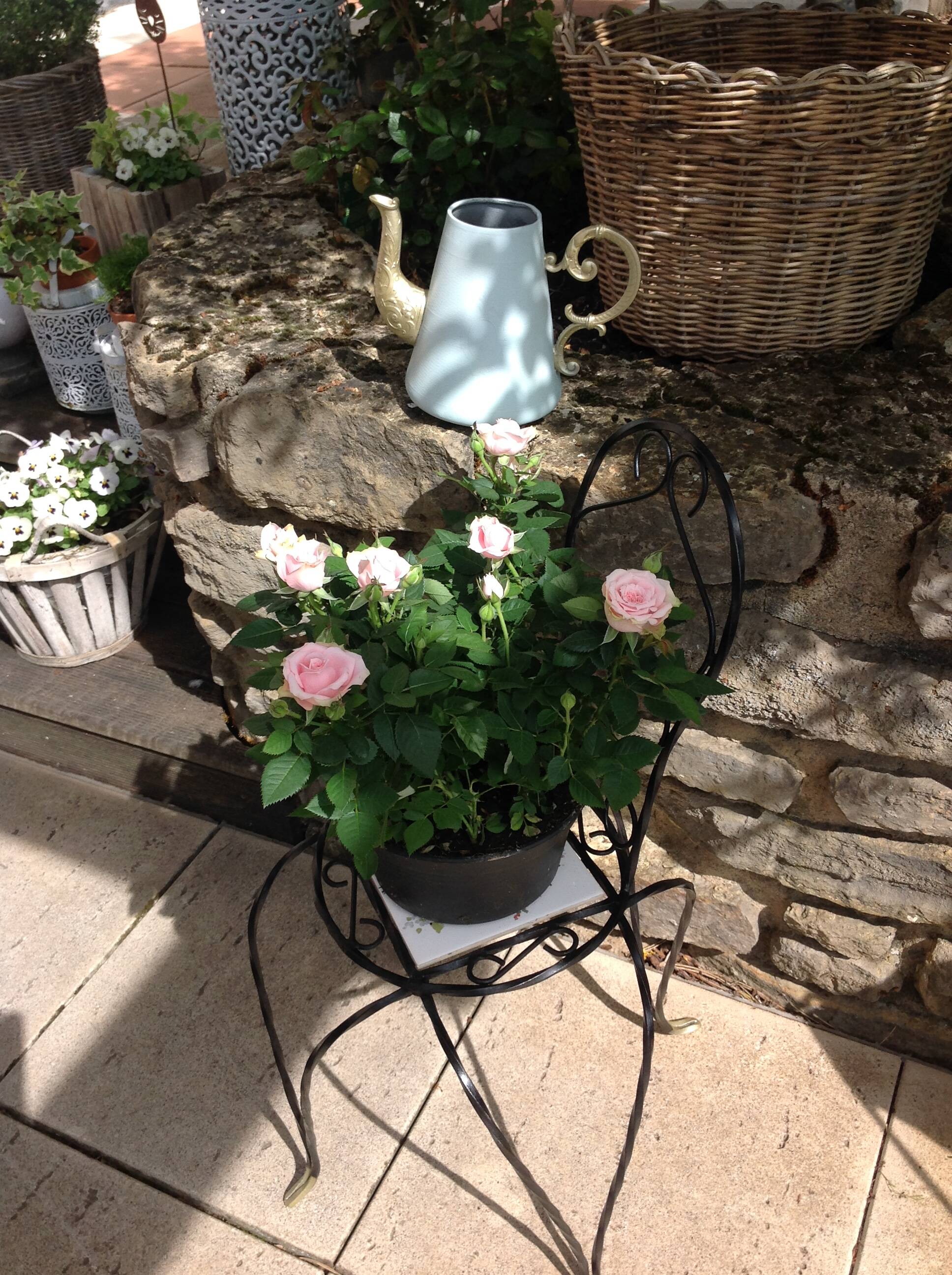 Plant holder "chair" in wrought iron and earthenware / vintage 60s-70s