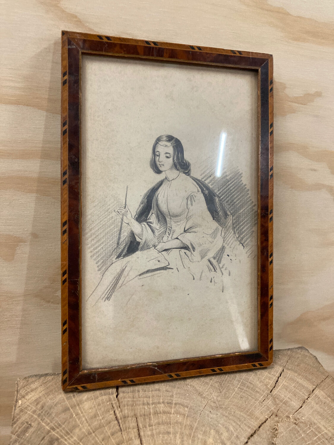 Portrait 19th young woman romantic marquetry frame