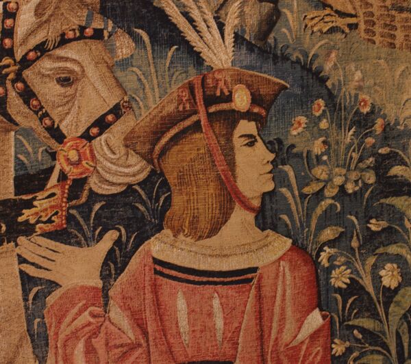 tapisserie au pochoir- scène de chasse au faucon gothique flamboyant- 19° s