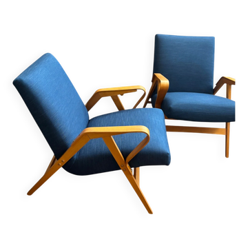Ensemble de 2 fauteuils lounge bleus restaurés par František Jirák pour Tatra Nabytok