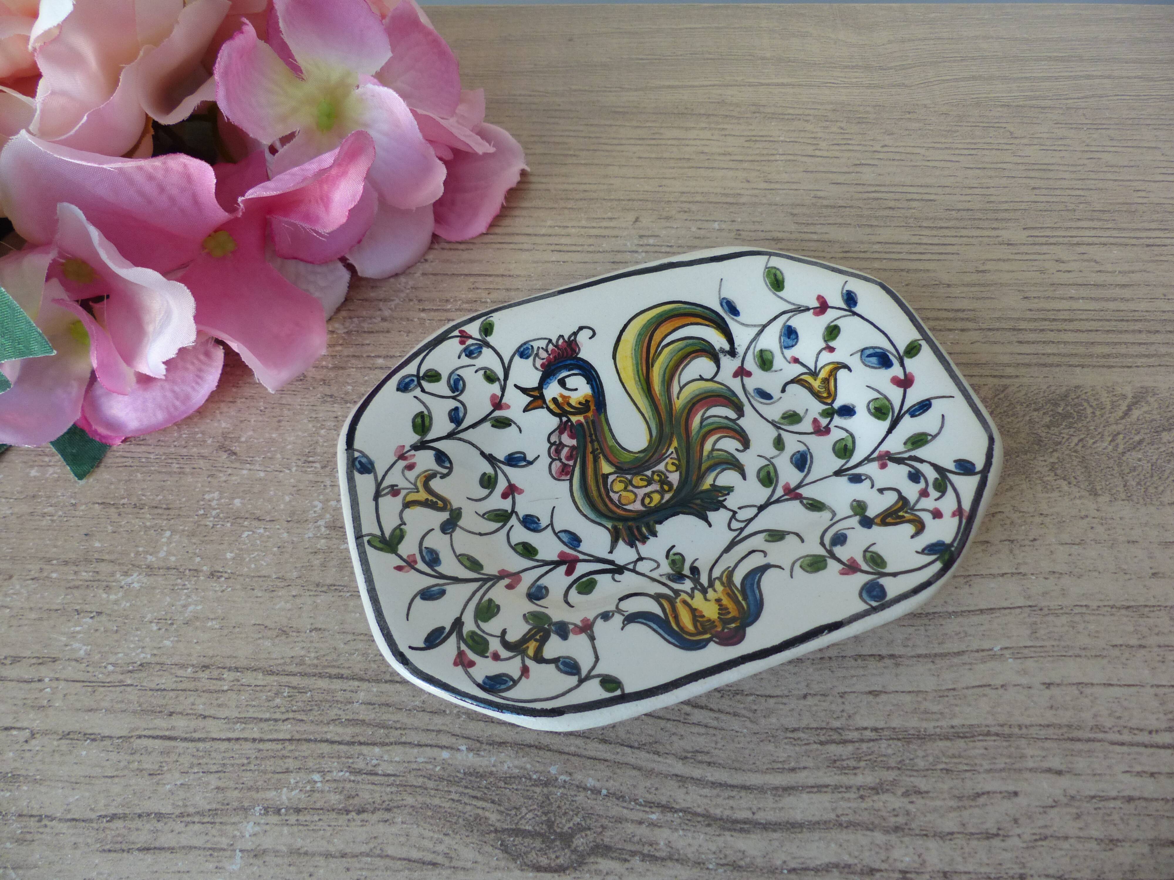 Antique small ceramic pocket emptier with Almeida rooster motif, signed and hand-painted