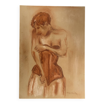 Tableau signé pastel portrait féminin belle époque « le corset »