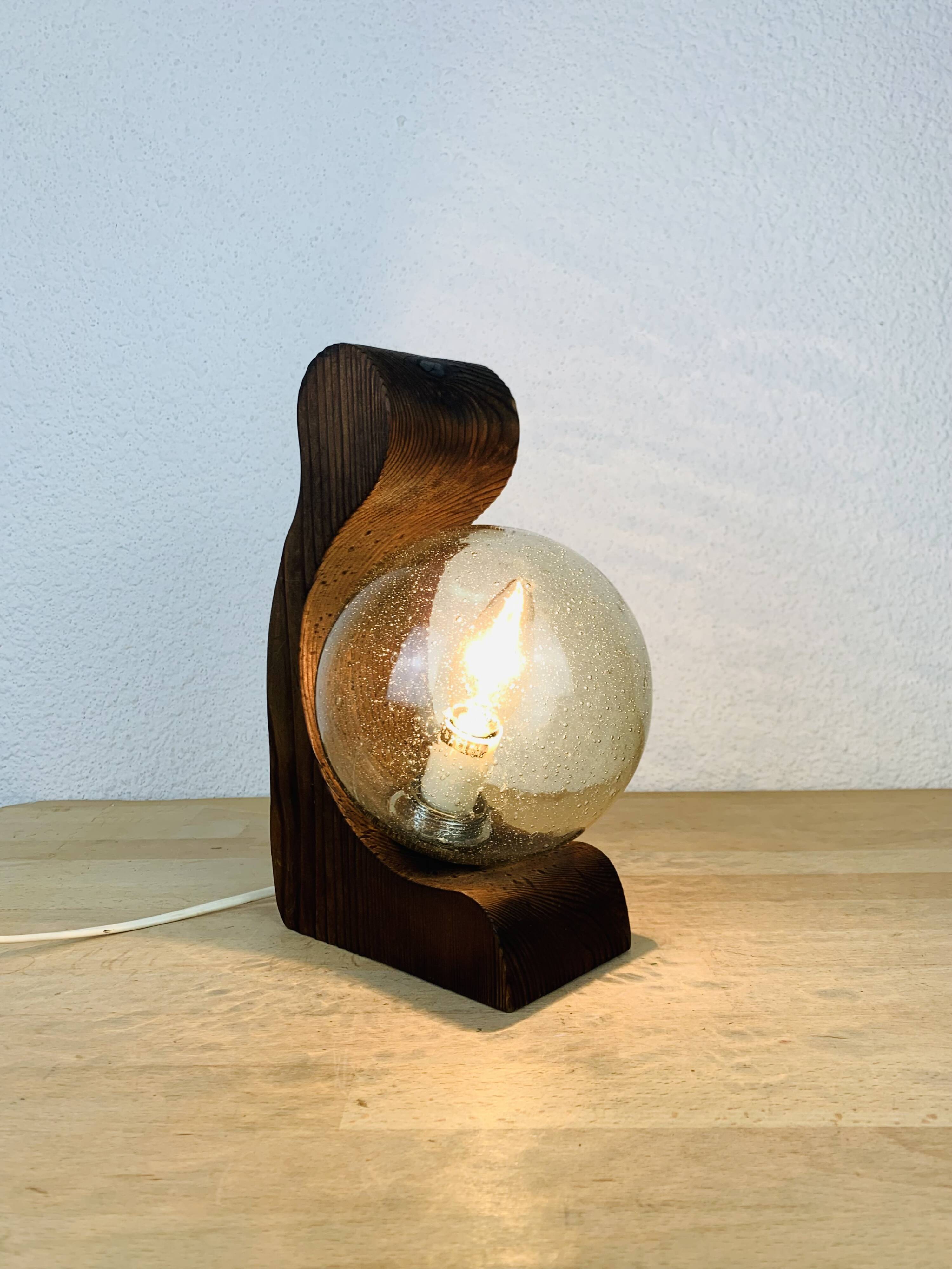 Brutalist lamp Temde Leuchten 1970s pine and glass globe