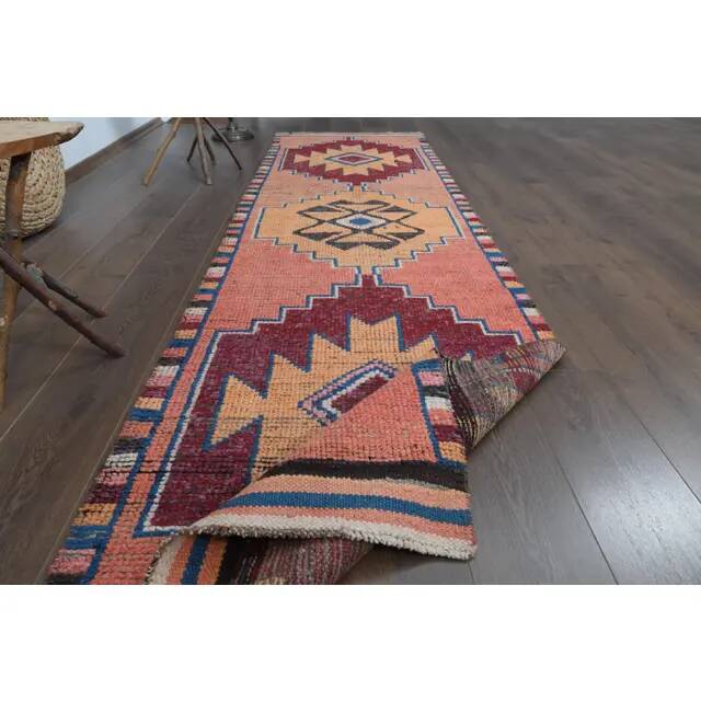 1970s Vintage Turkish Oushak Handmade Wool Cotton Pink Runner Rug 90x317