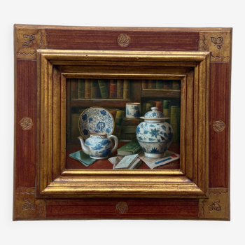 Oil on panel by A. Kempendez still life Chinese porcelain