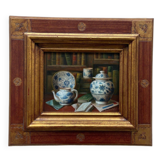 Oil on panel by A. Kempendez still life Chinese porcelain