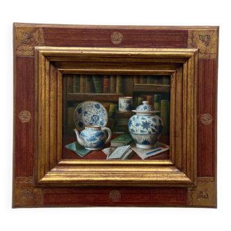 Huile sur panneau par A. Kempendez nature morte porcelaine chinoise