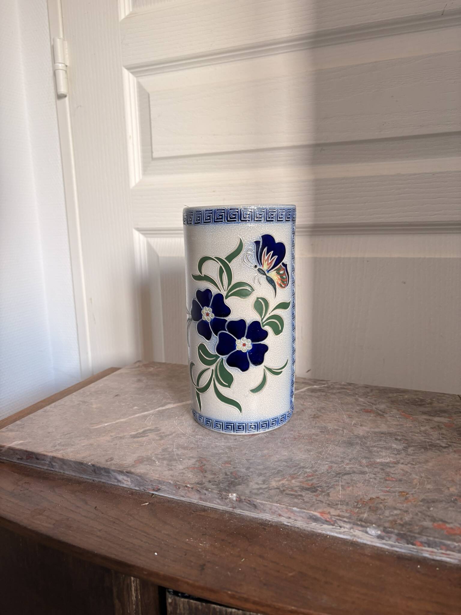 Old Stoneware Vase Ceramic Alsace Flowers Signed Paul Schmitter 1994 Unique