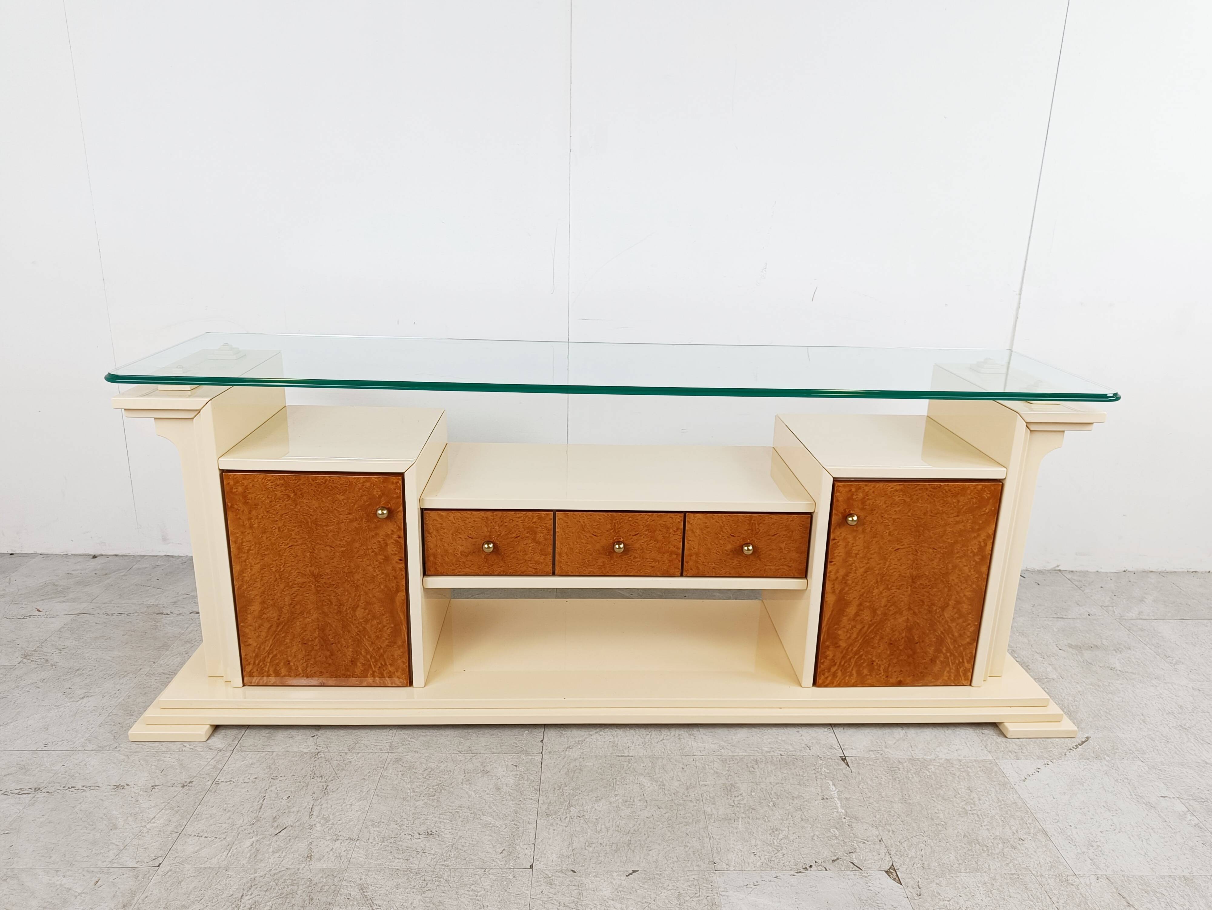 Vintage lacquer and burl wood credenza, 1980s
