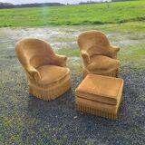 Set of toad armchairs and vintage yellow ottoman