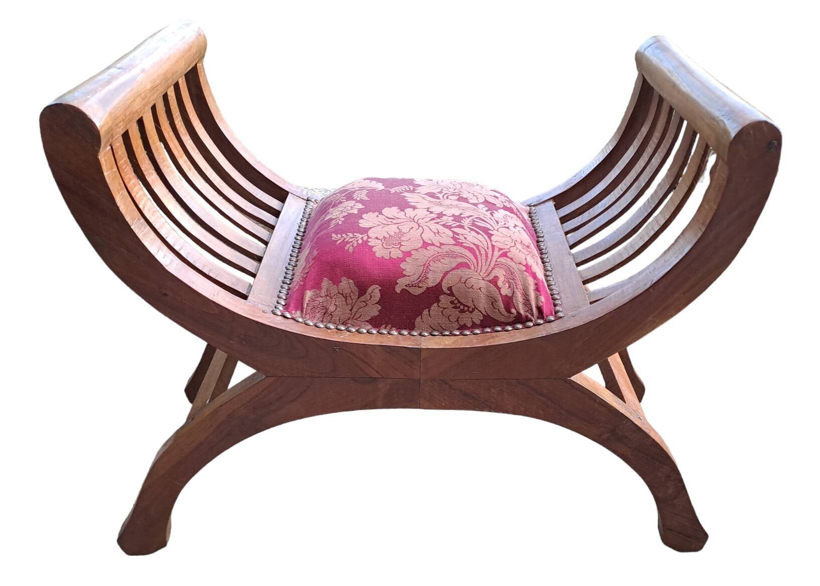 CURULE seat in antique Roman style, restored in teak wood and jacquard satin fabric
