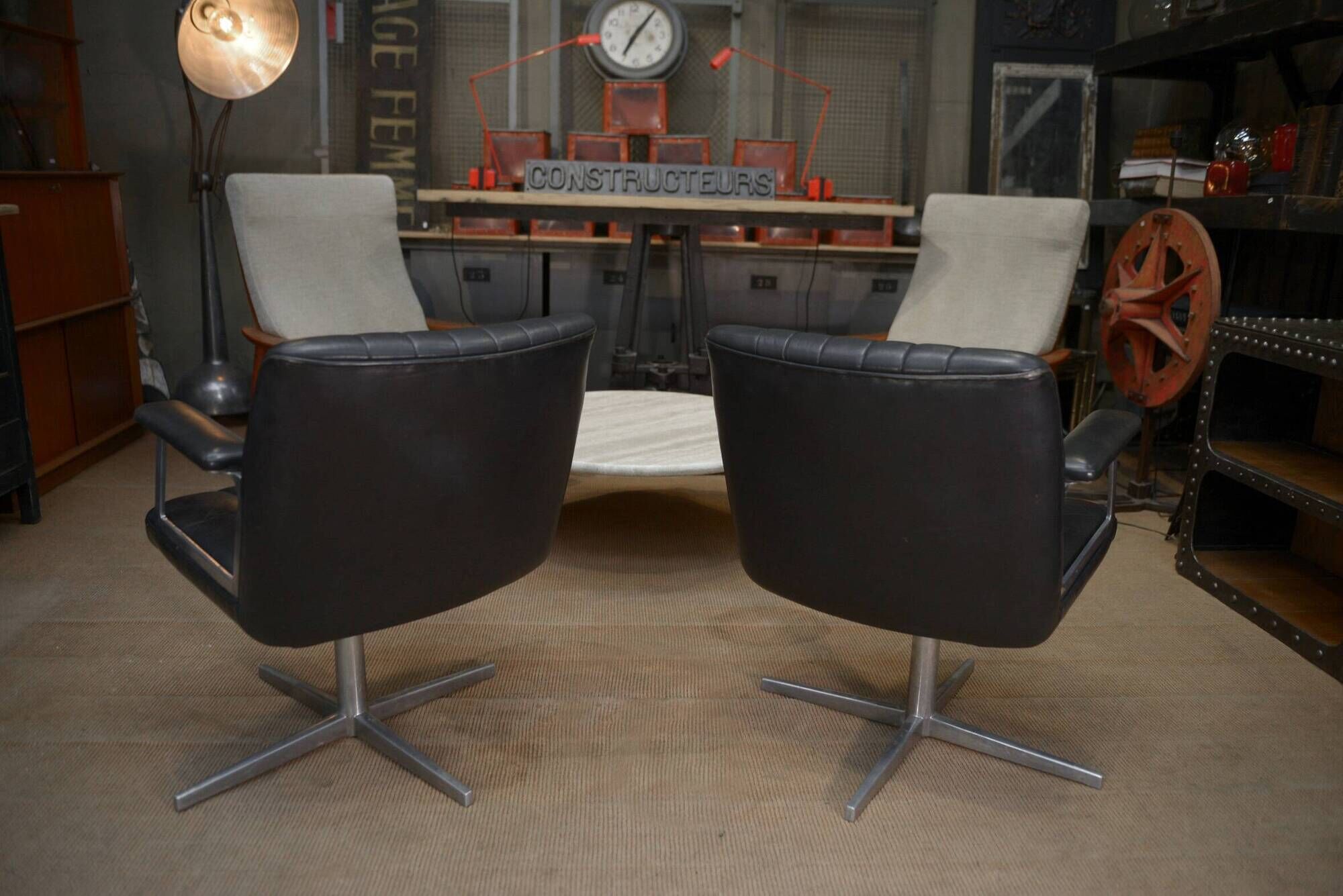 Set of 3 designer swivel metal leather office armchairs 1970