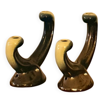 Pair of Vallauris candlesticks, Ceramidi design 1950, black and yellow ceramic.