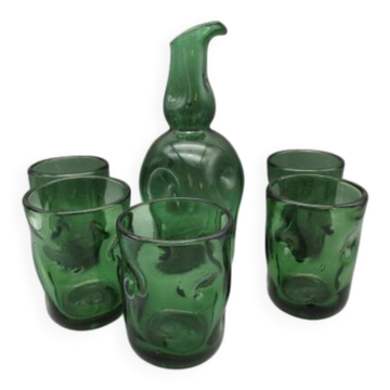 Carafe and 5 vintage Empoli glasses - 1960s