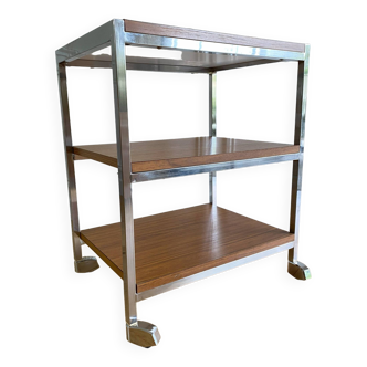 Trolley with three trays in brown formica and chrome metal structure on vintage casters