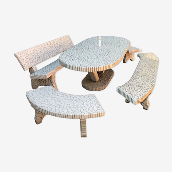 Table and 4 mosaic and concrete garden benches
