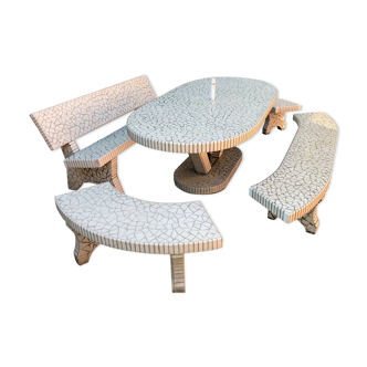 Table and 4 mosaic and concrete garden benches