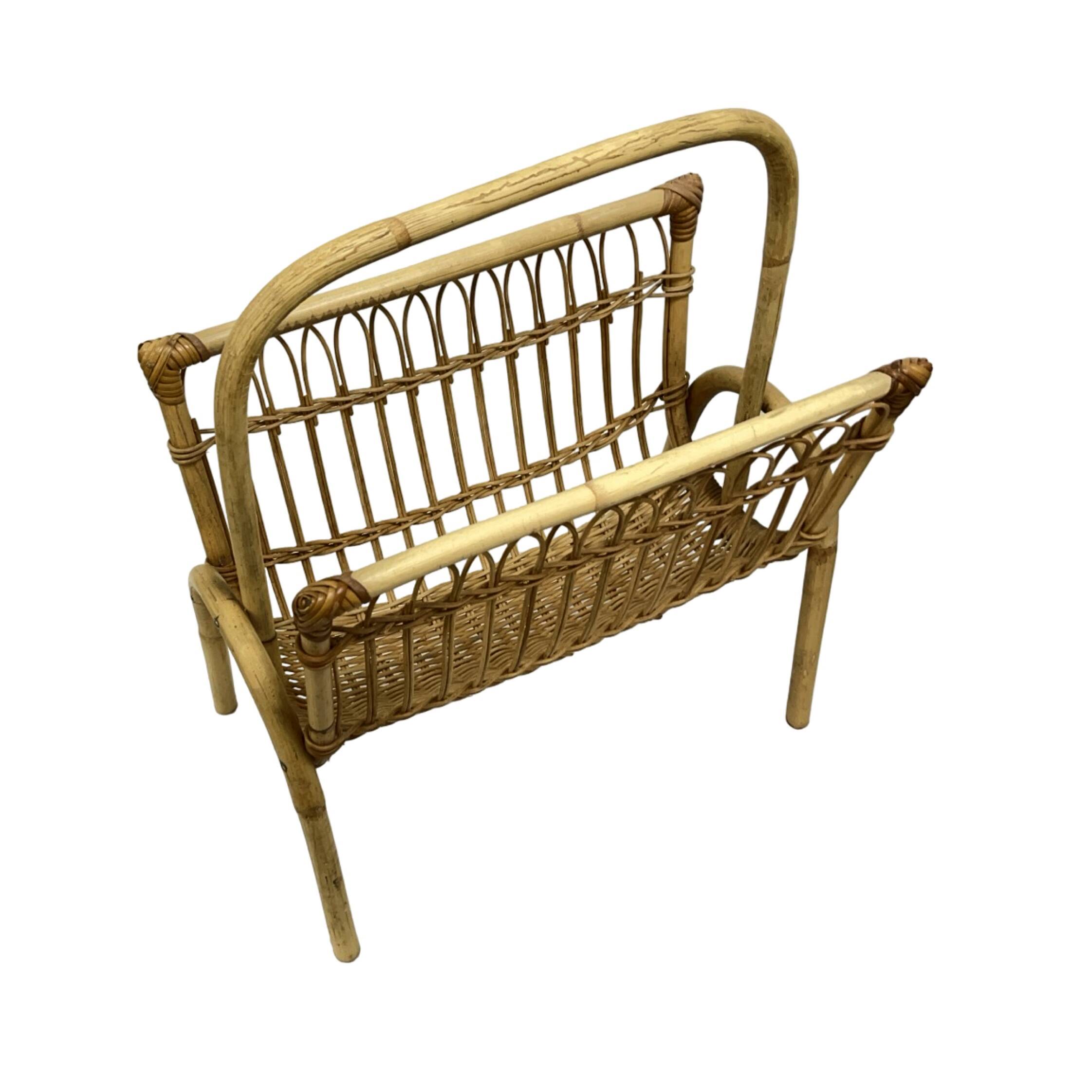 Vintage Wicker Newspaper Rack, Boho/PRL, Franco Albini Style, Italy 1970s