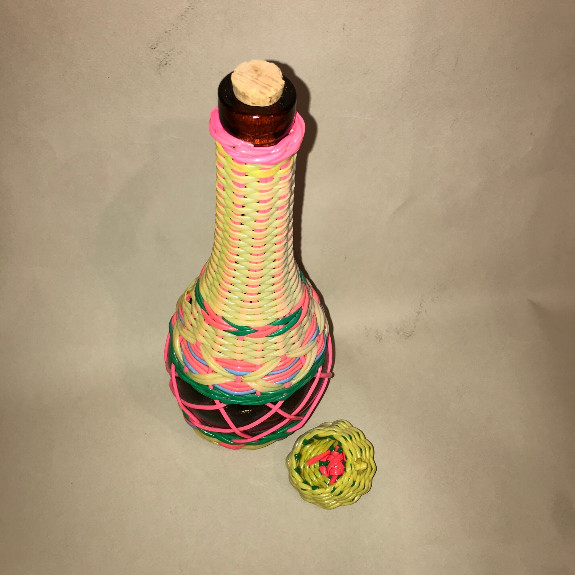 60s scoubidou bottle pink yellow green blue and smoky glass 27 cm