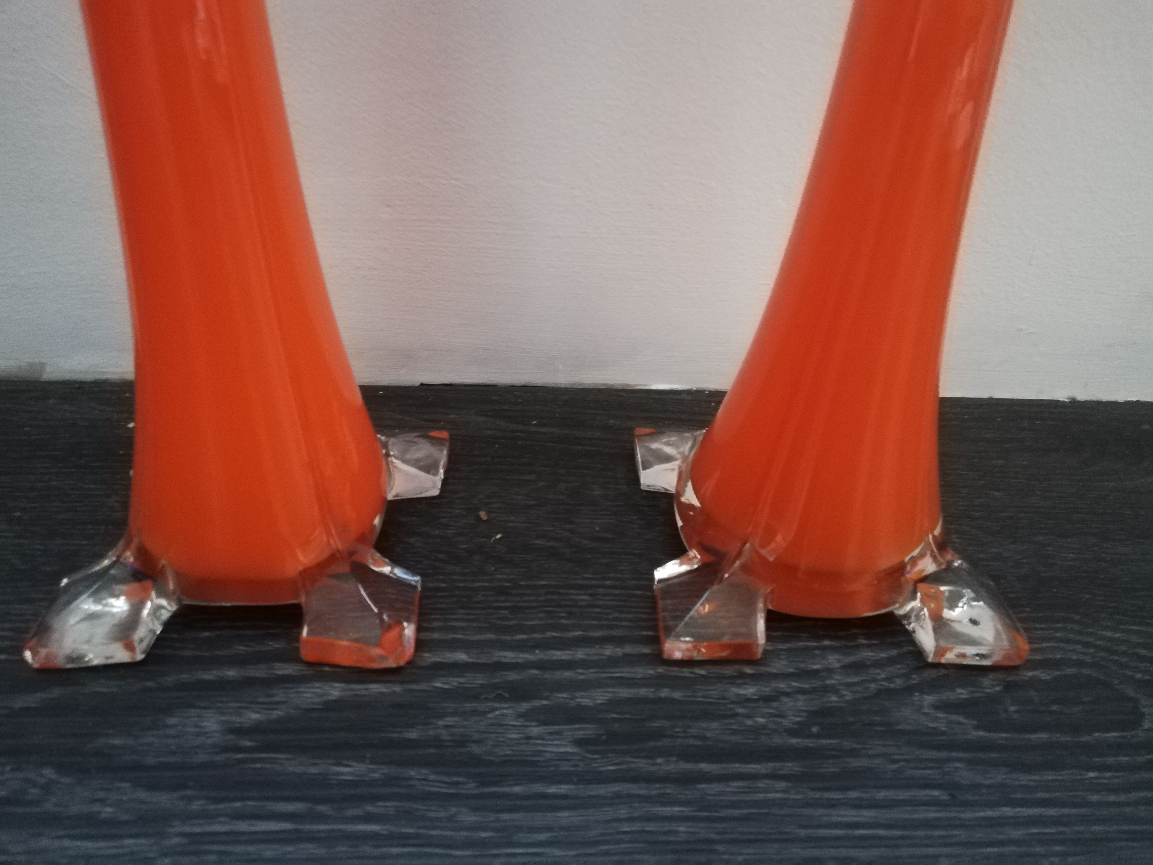 Pair of soliflores vases in orange glass