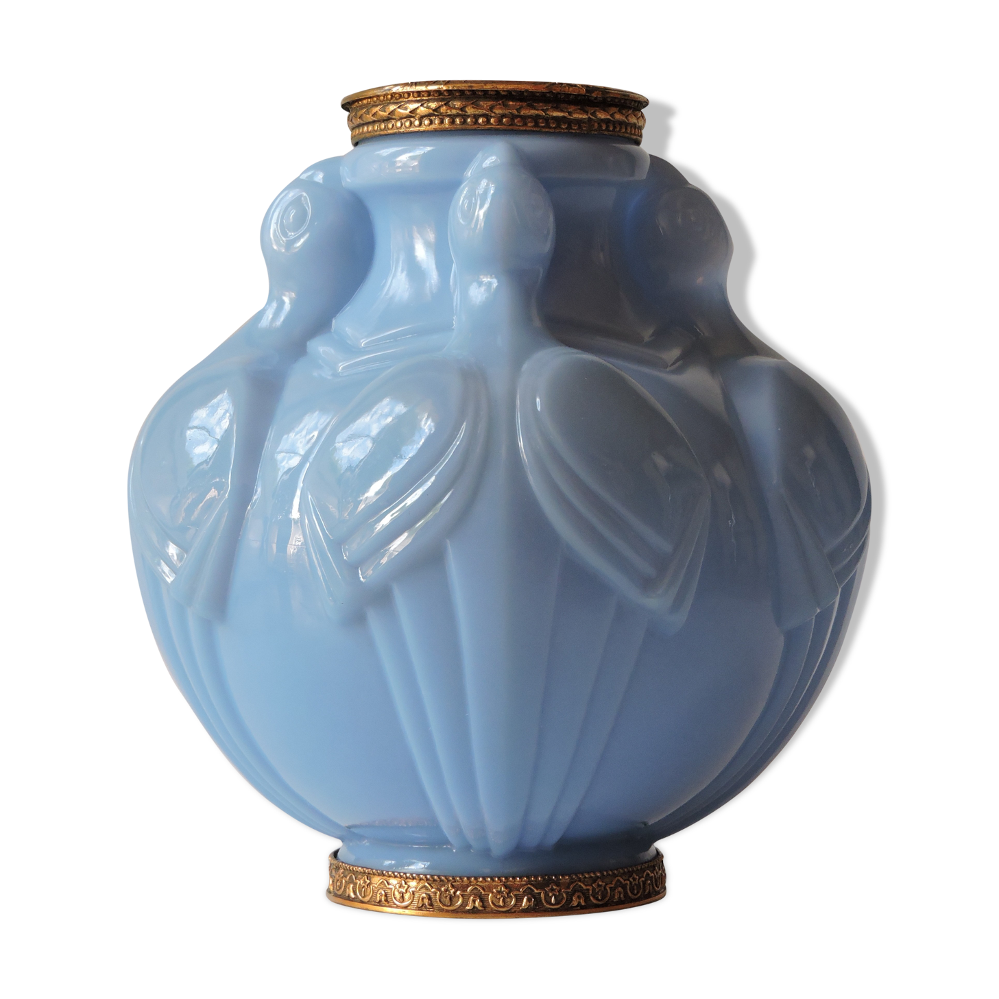 Art Deco vase in molded and pressed opaline. Stamped CLA France décor of Birds