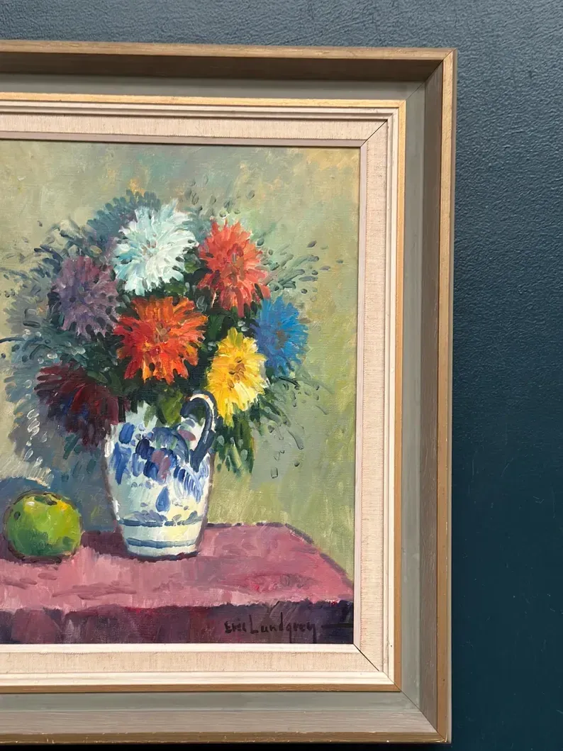 Original Swedish Oil on Canvas – “Asters in a Ceramic Vase” by Eric Lundgren – Signed – Vintage and Framed – 60 × 54 cm (23.6" × 21.3")