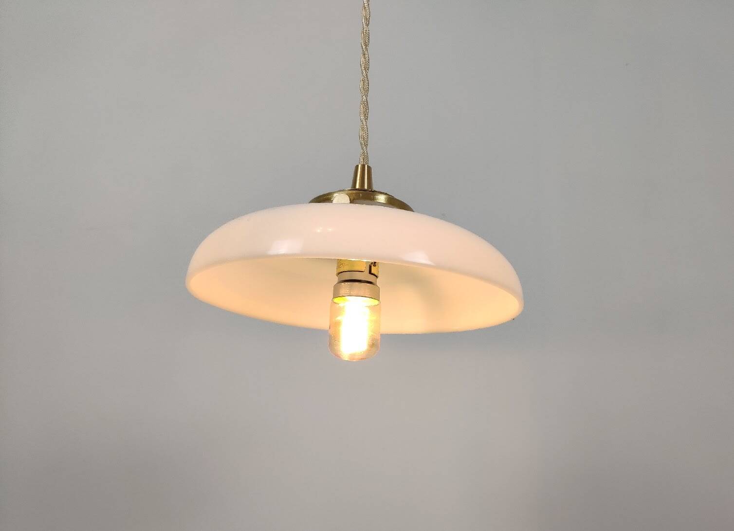 Vintage suspension in white opaline with a bulged shape – 1960s lampshade, brass.