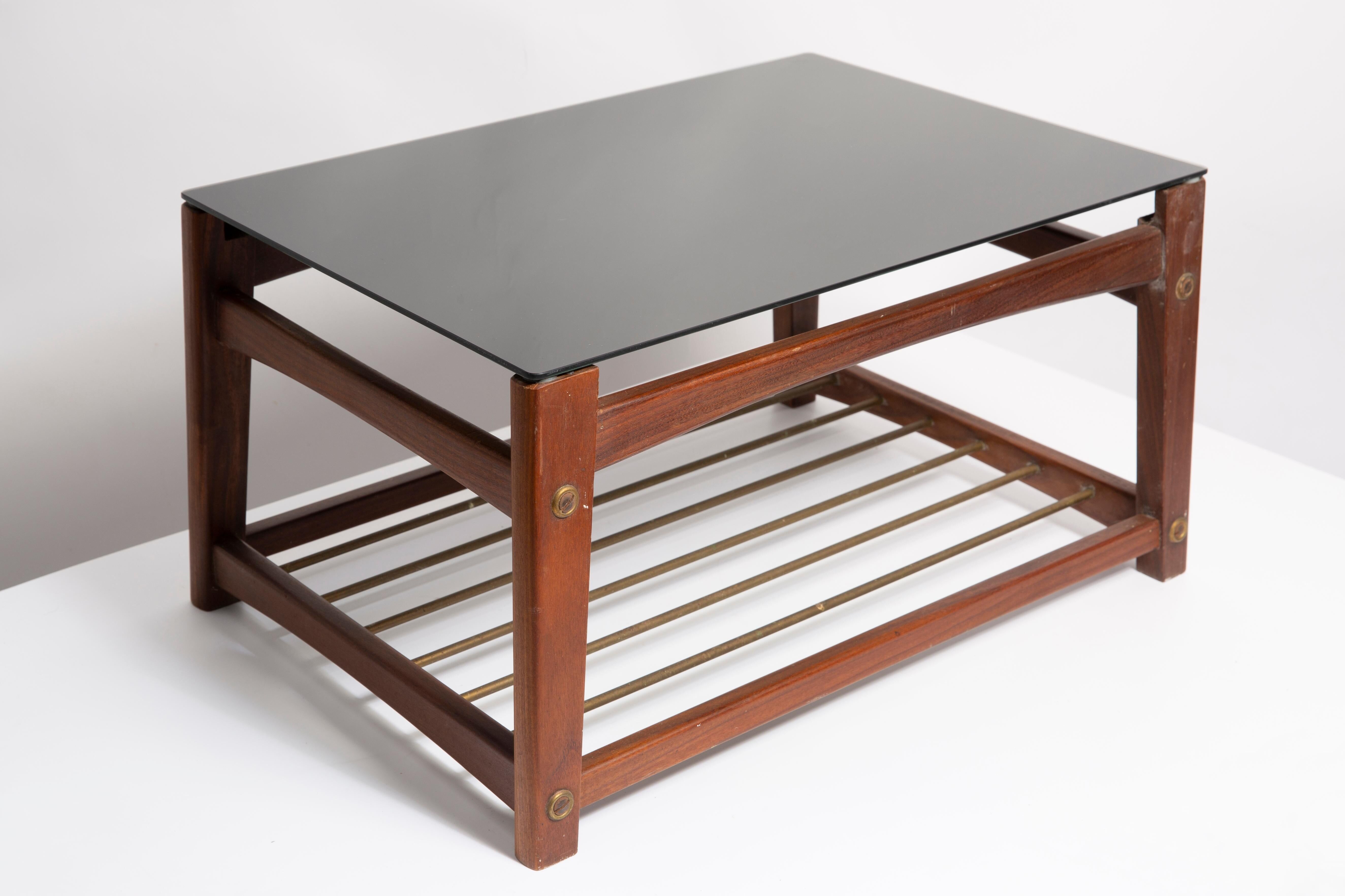 Mid-century Swedish coffee table, black glass and teak wood, 1960s.