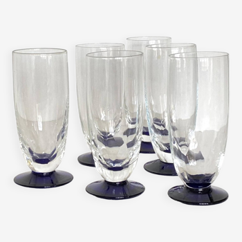 Set of 6 faceted art deco flute glasses and blue colored foot tableware ACC-7088