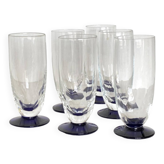Set of 6 faceted art deco flute glasses and blue colored foot tableware ACC-7088