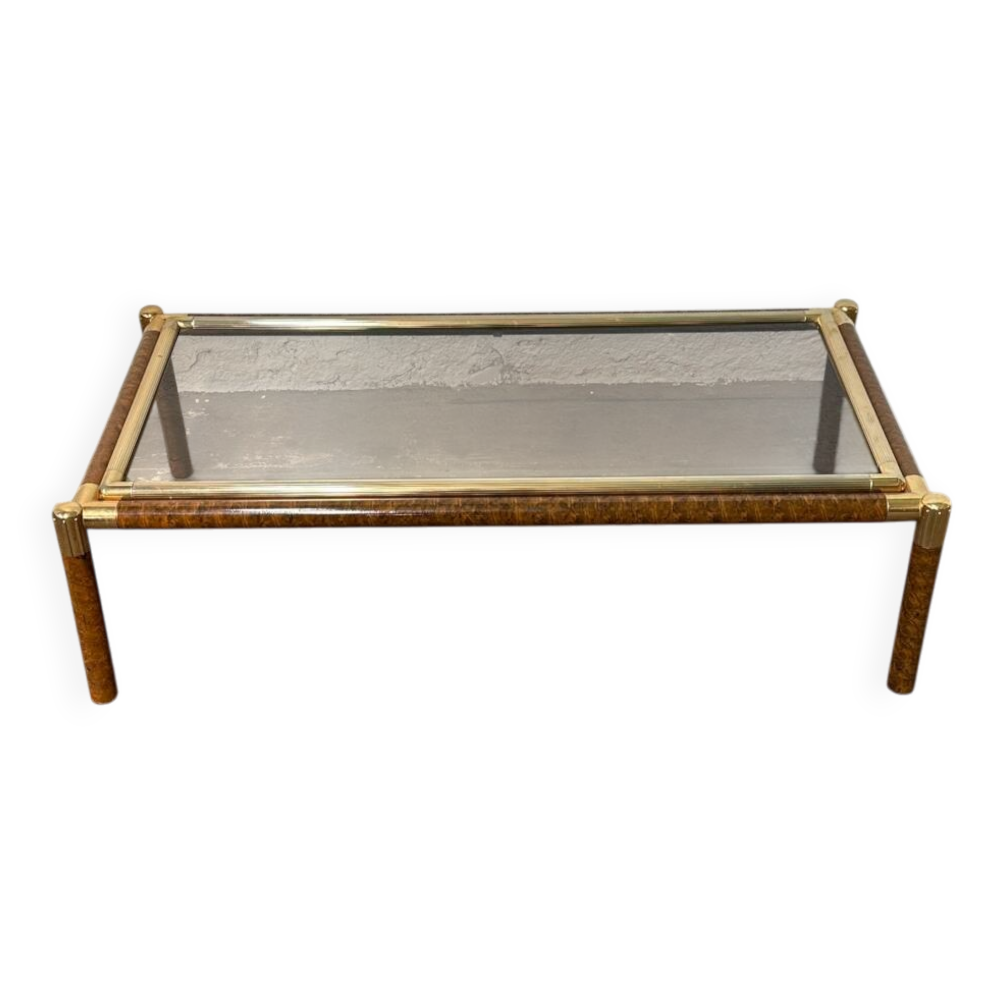 Gold-tone metal and imitation elm burl coffee table