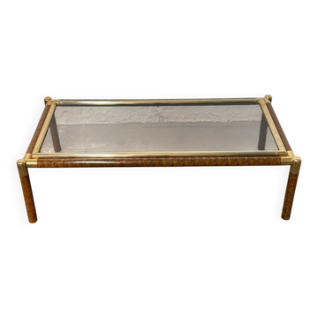 Gold metal coffee table with elm burl imitation.